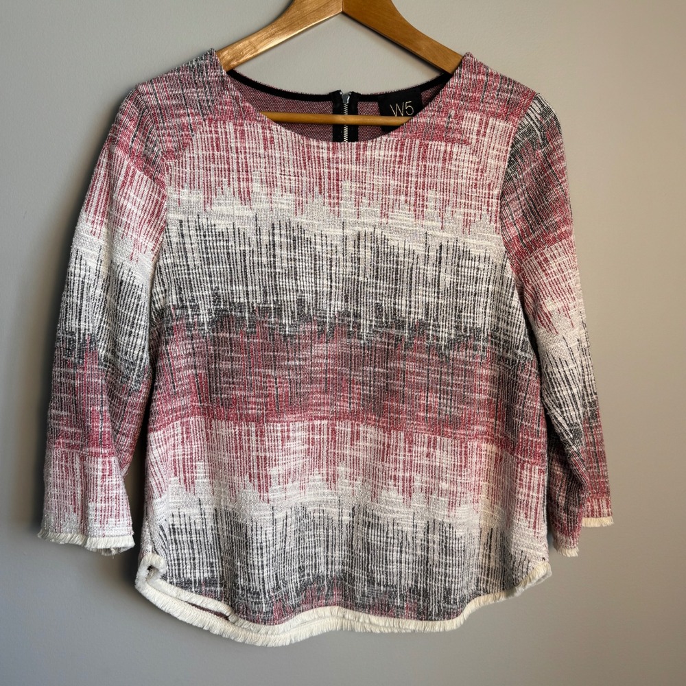 W5 Women's M Multicolor Textured Knit Top Fringed Hem 3/4 Sleeve Pullover Grunge